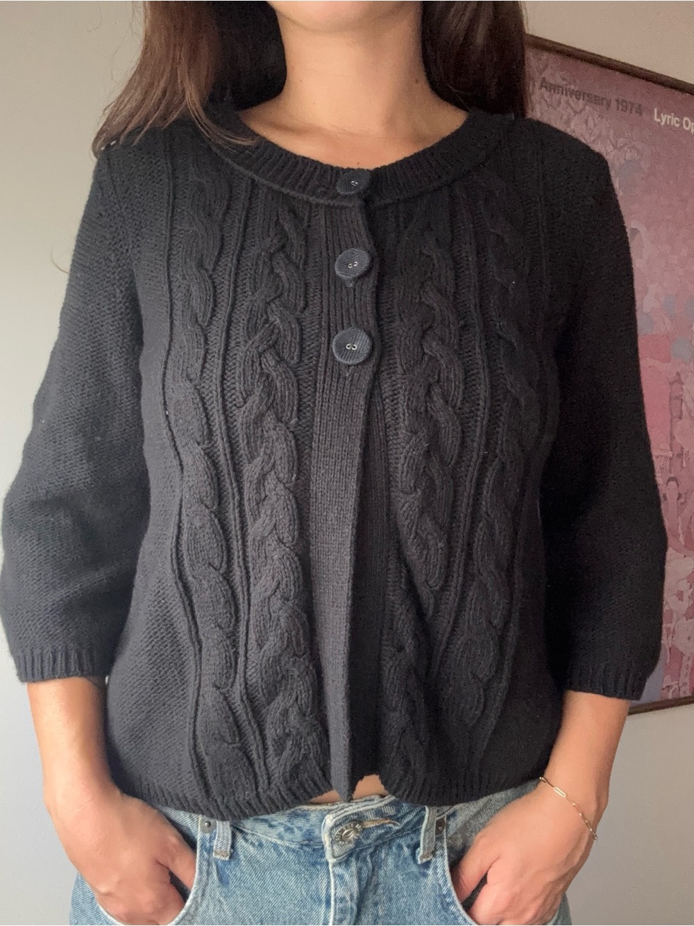 Style&Co Black Cable Knit 3/4 Sleeve Cardigan Sweater